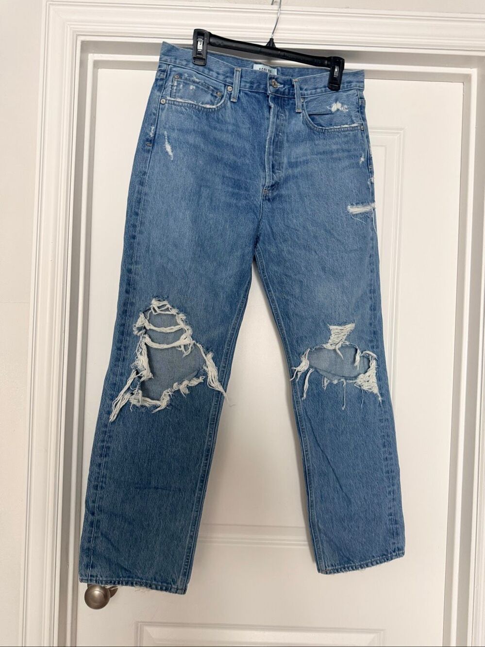 Agolde High Rise Straight Leg Blue Denim Jeans Raw Hem Distressed Size 29